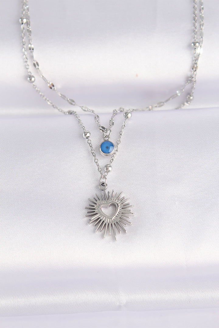 EBJ 316L Stainless Steel Chain Silver Color Evil Eye Bead Detail Heart Sun Necklace - Security-Widefield
