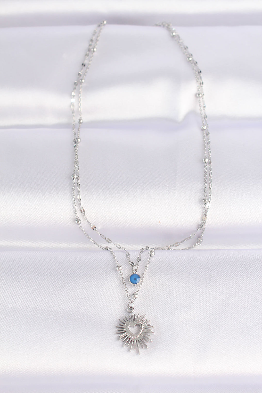 EBJ 316L Stainless Steel Chain Silver Color Evil Eye Bead Detail Heart Sun Necklace - Security-Widefield