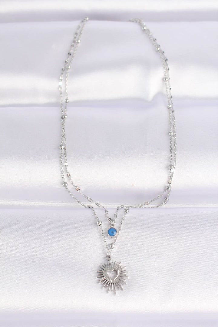 EBJ 316L Stainless Steel Chain Silver Color Evil Eye Bead Detail Heart Sun Necklace - Security-Widefield