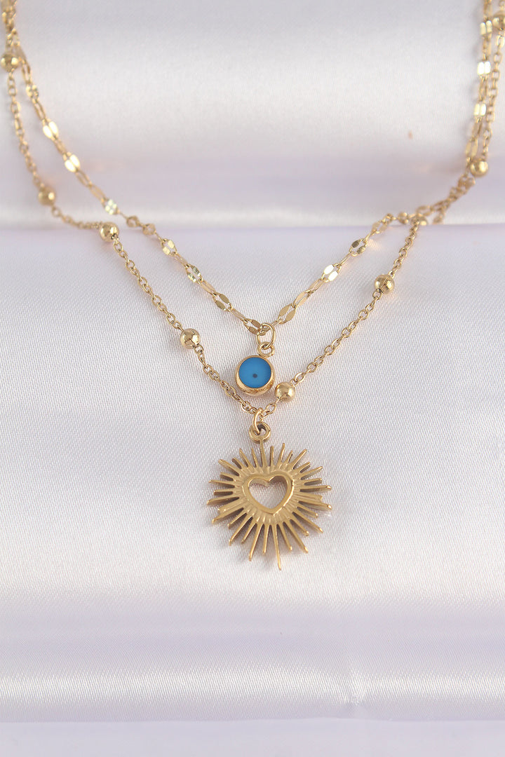 EBJ 316L Steel Chain Gold Color Evil Eye Detail Heart Sun Necklace - Annemasse