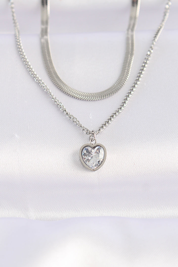 EBJ 316L Steel 2-Strand Silver Color Zircon Stone Minimal Heart Necklace - Pleasant Grove