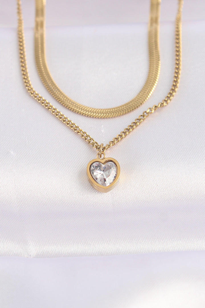EBJ 316L Steel 2-Strand Gold Color Zircon Stone Minimal Heart Necklace - Sindelfingen