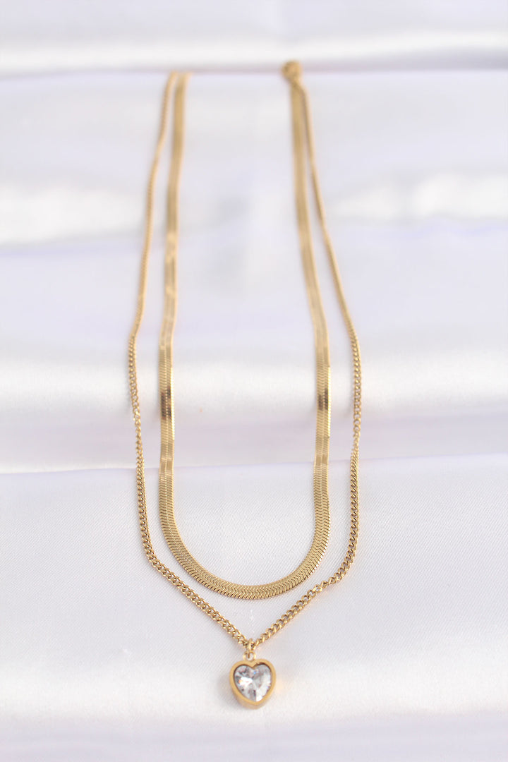 EBJ 316L Steel 2-Strand Gold Color Zircon Stone Minimal Heart Necklace - Sindelfingen