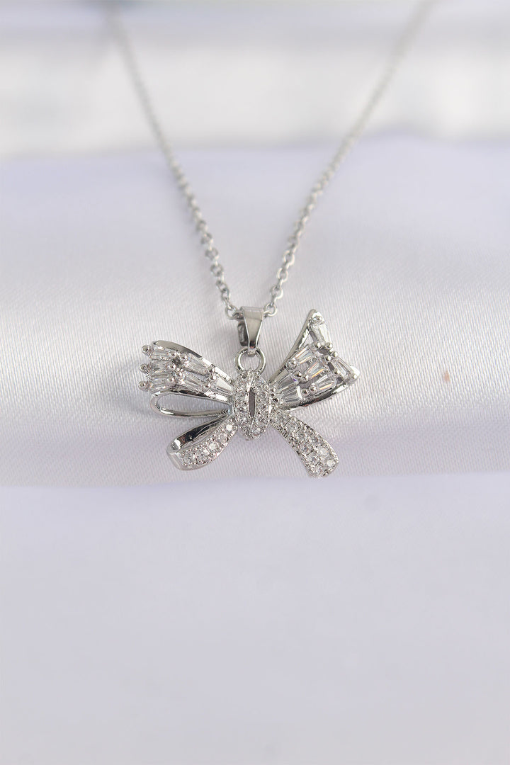 EBJ 316L Stainless Steel Chain Silver Color Zircon Stone Bow Necklace - Jersey City