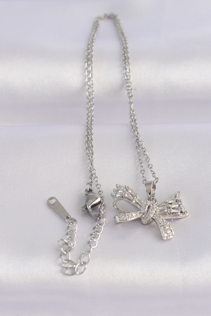 EBJ 316L Stainless Steel Chain Silver Color Zircon Stone Bow Necklace - Jersey City