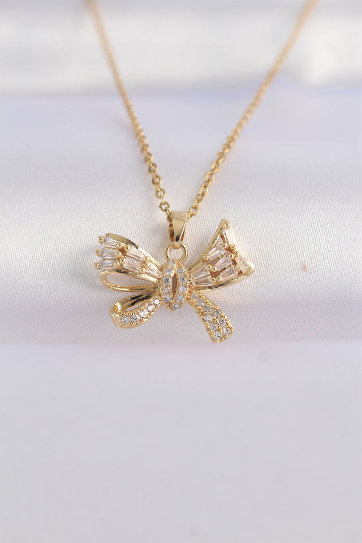 EBJ 316L Stainless Steel Chain Gold Color Zircon Stone Bow Necklace - Cuyahoga Falls