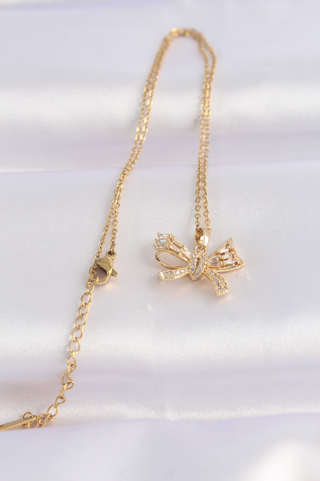 EBJ 316L Stainless Steel Chain Gold Color Zircon Stone Bow Necklace - Cuyahoga Falls