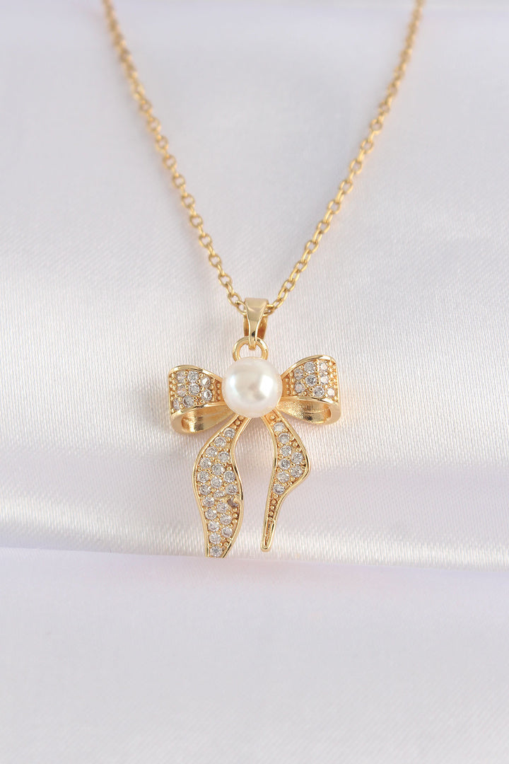 EBJ 316L Stainless Steel Chain with Zircon Stone Gold Color Pearl Detailed Bow Necklace - Portland