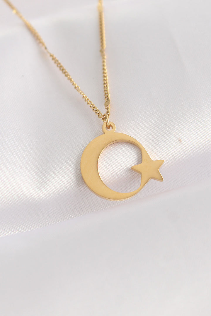 EBJ 316L Steel Chain Gold Color Flat Plate Moon Star Necklace - Indianapolis