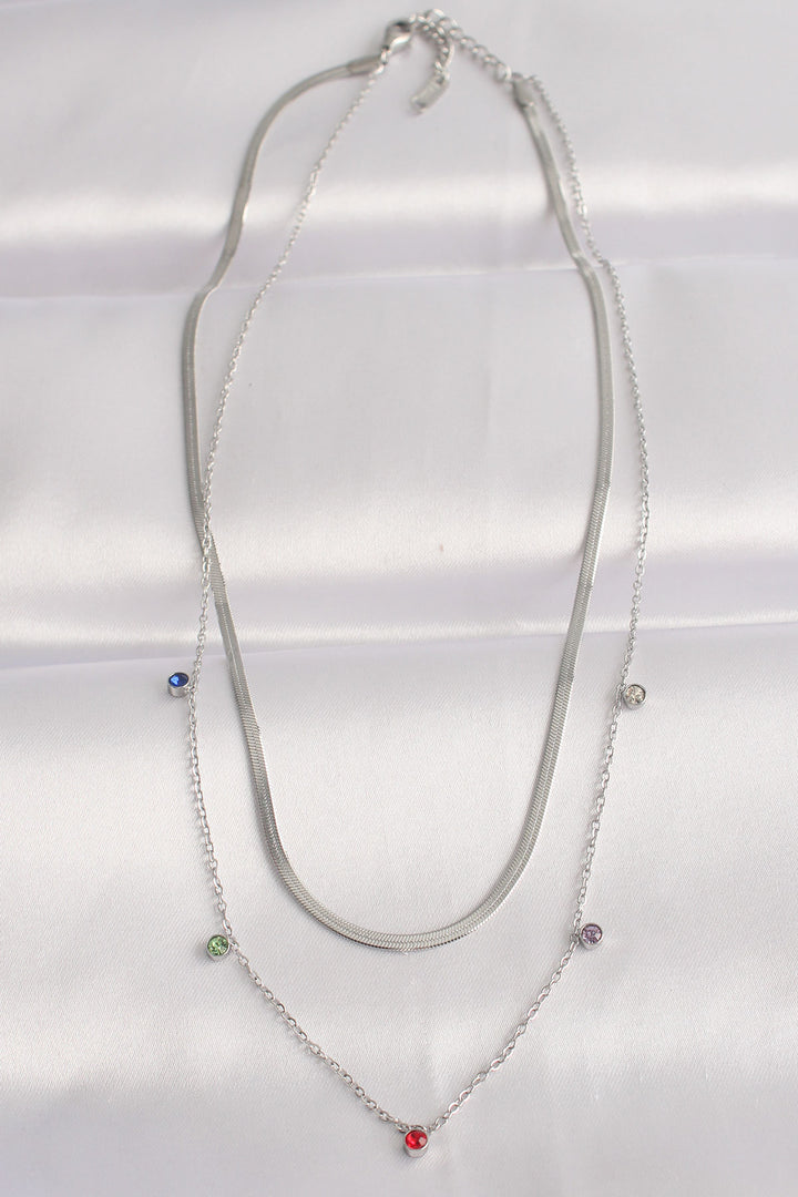 EBJ 316L Stainless Steel Chain Silver Color Colorful Zircon Stone 2-Piece Necklace - Paços de Ferreira