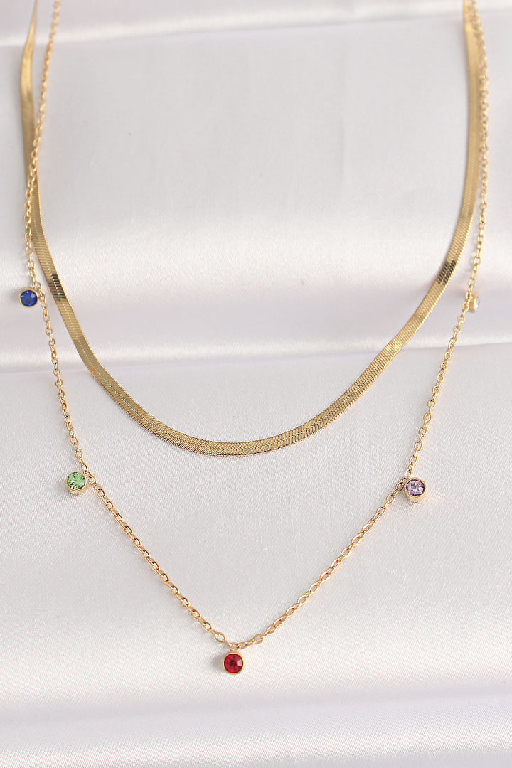 EBJ 316L Stainless Steel Chain Gold Color Colorful Zircon Stone 2-Piece Necklace - Quincy