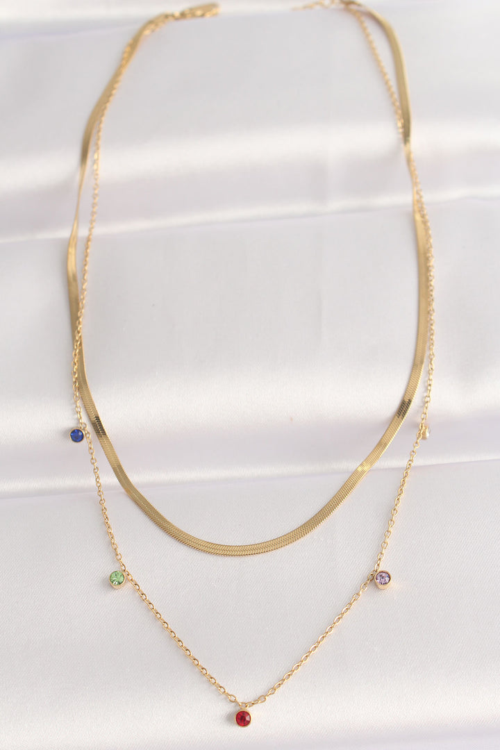 EBJ 316L Stainless Steel Chain Gold Color Colorful Zircon Stone 2-Piece Necklace - Quincy