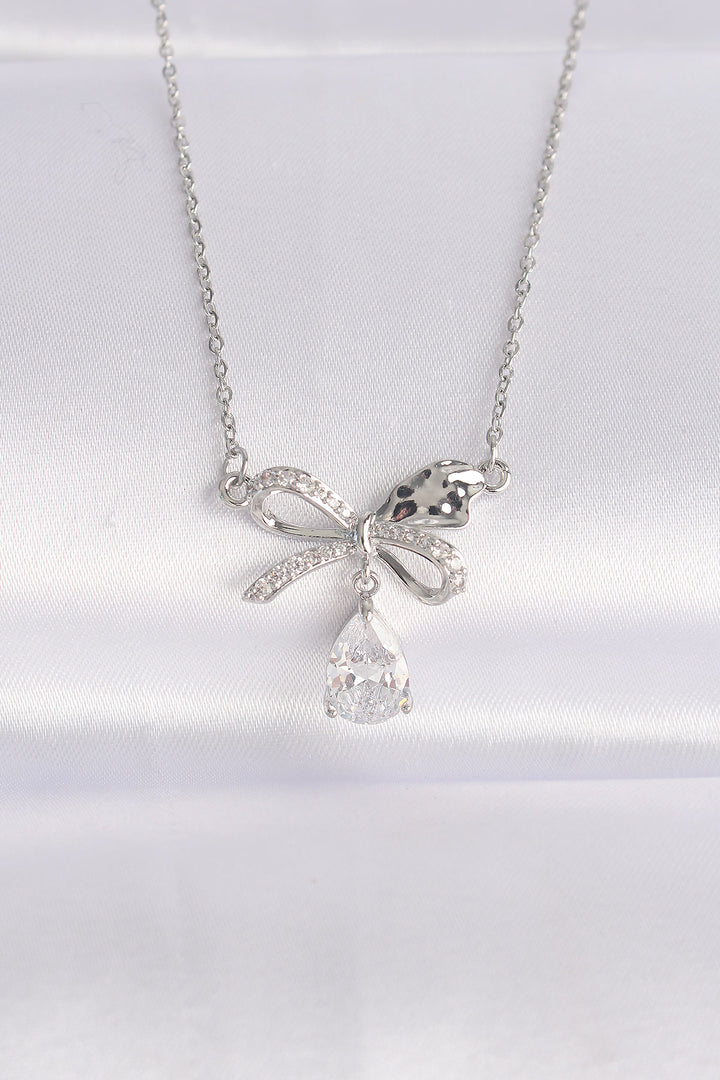 EBJ 316L Stainless Steel Chain Silver Color Zircon Stone Drop Detail Bow Necklace - Long Beach