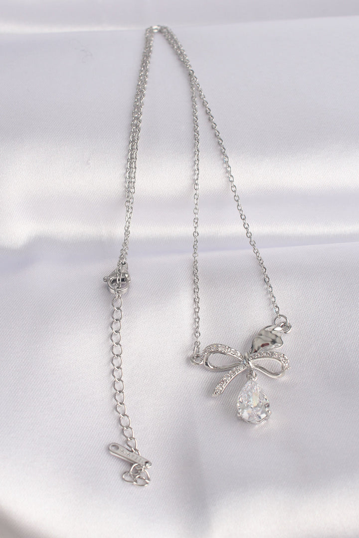EBJ 316L Stainless Steel Chain Silver Color Zircon Stone Drop Detail Bow Necklace - Long Beach