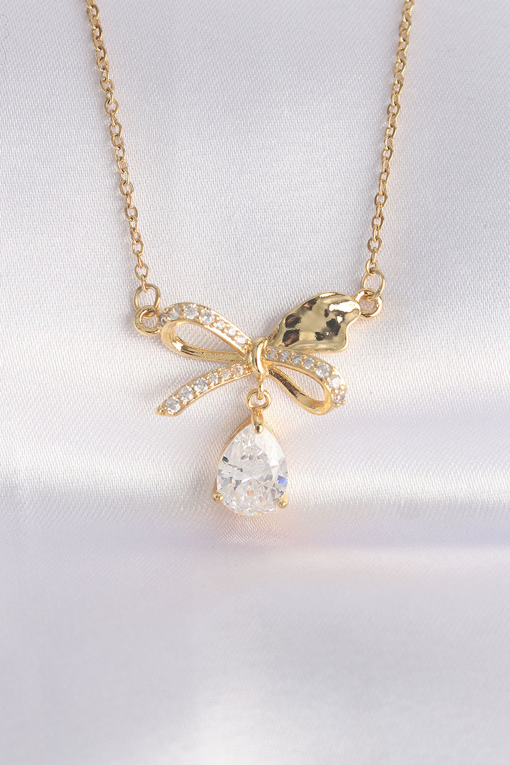 EBJ 316L Stainless Steel Chain Gold Color Zircon Stone Drop Detail Bow Necklace - Strongsville