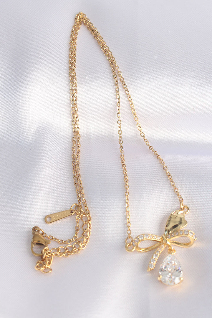 EBJ 316L Stainless Steel Chain Gold Color Zircon Stone Drop Detail Bow Necklace - Strongsville