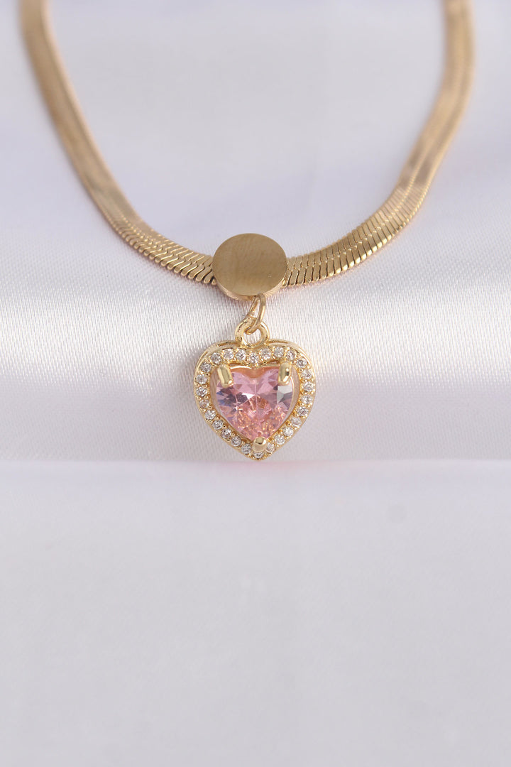 EBJ 316L Steel Italian Chain Gold Color Pink Zircon Stone Heart Necklace - Mestre