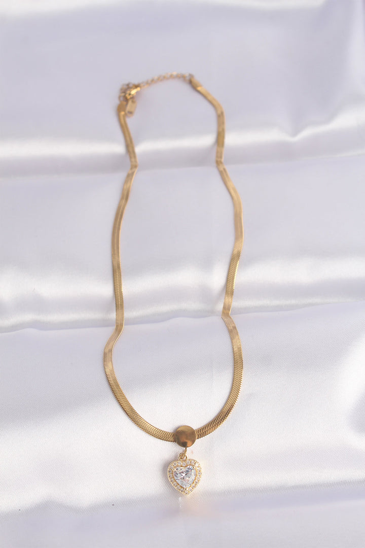 EBJ 316L Steel Italian Chain Gold Color Zircon Stone Heart Necklace - Ajaccio