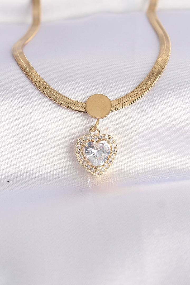 EBJ 316L Steel Italian Chain Gold Color Zircon Stone Heart Necklace - Ajaccio
