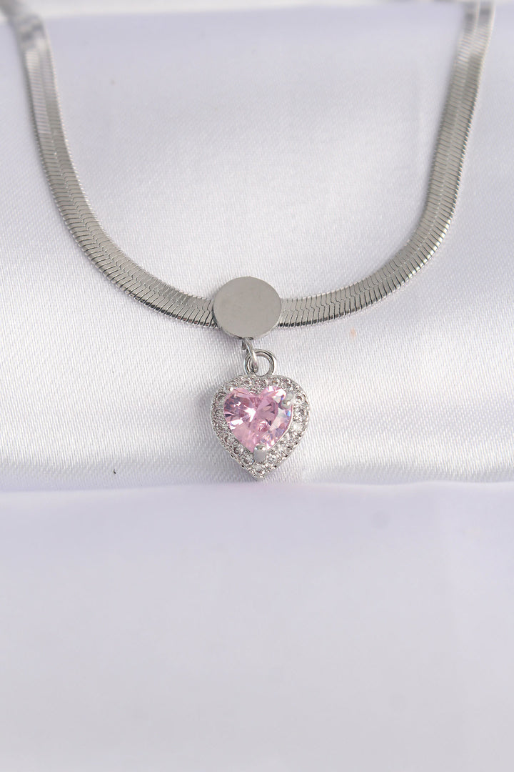 EBJ 316L Stainless Steel Italian Chain Silver Color Pink Zircon Stone Heart Necklace - Roubaix