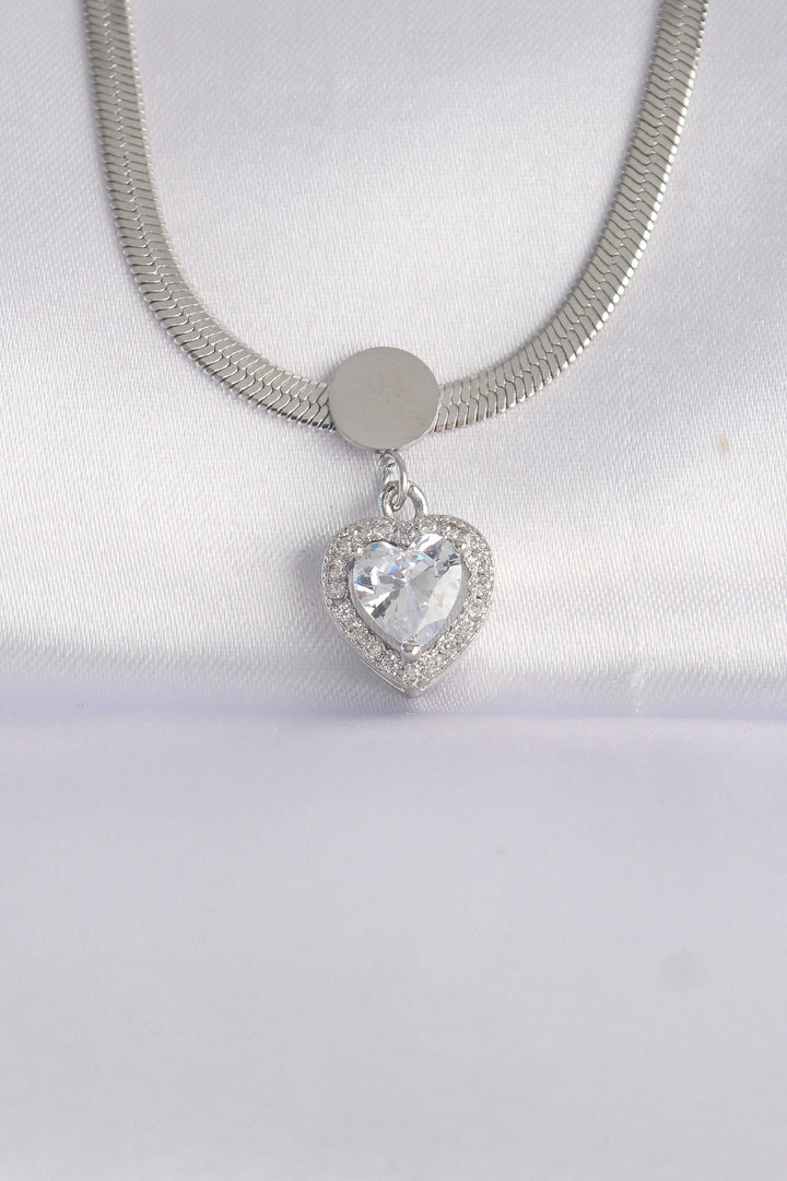 EBJ 316L Stainless Steel Italian Chain Silver Color Zircon Stone Heart Necklace - Stafford