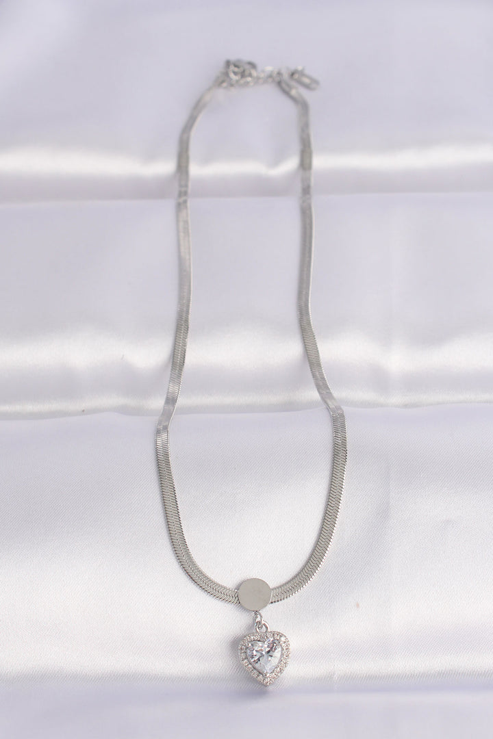 EBJ 316L Stainless Steel Italian Chain Silver Color Zircon Stone Heart Necklace - Stafford
