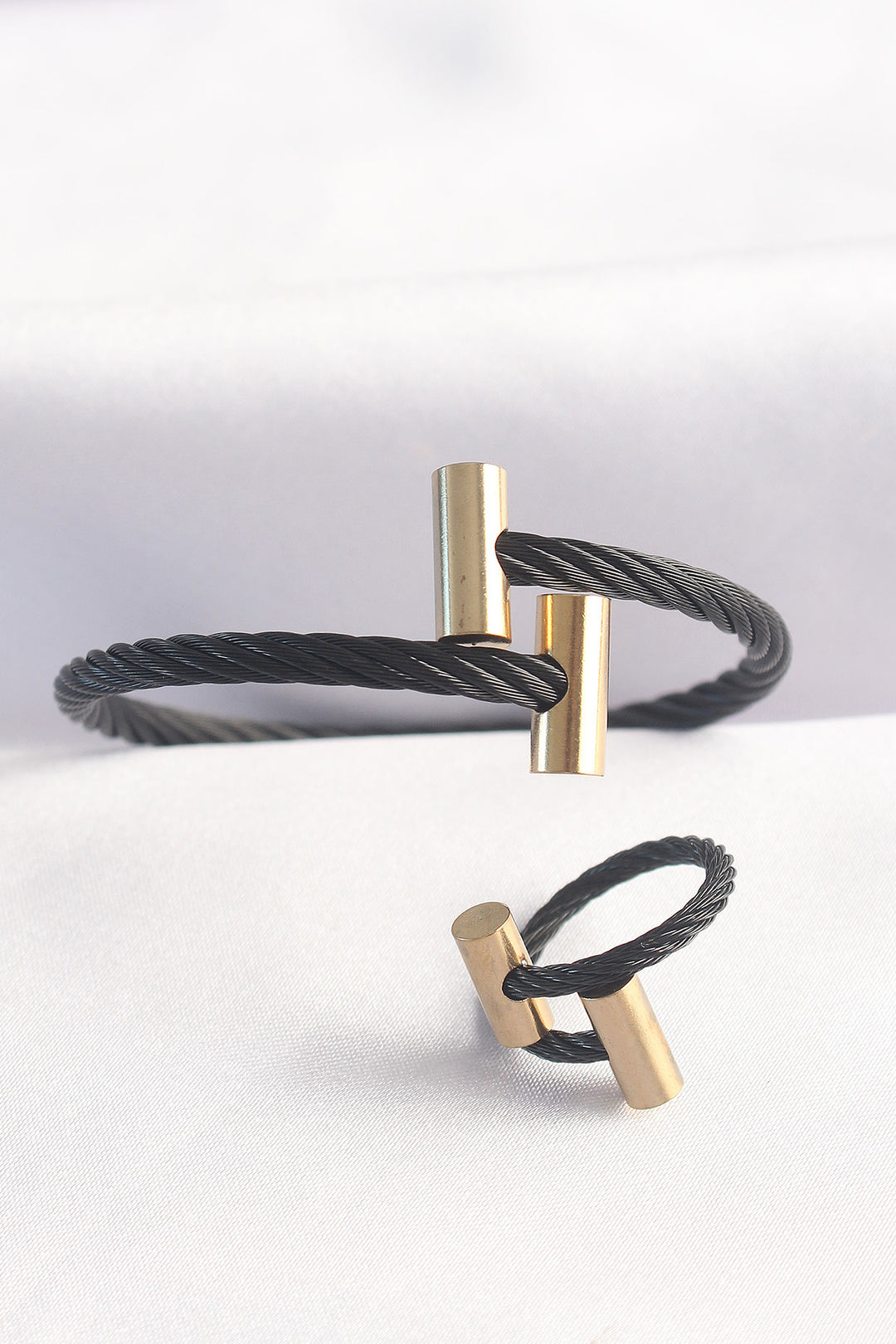 EBJ 316L Stainless Steel Gold Color Accented Black Spiral Design Bracelet and Ring Set - Altrincham