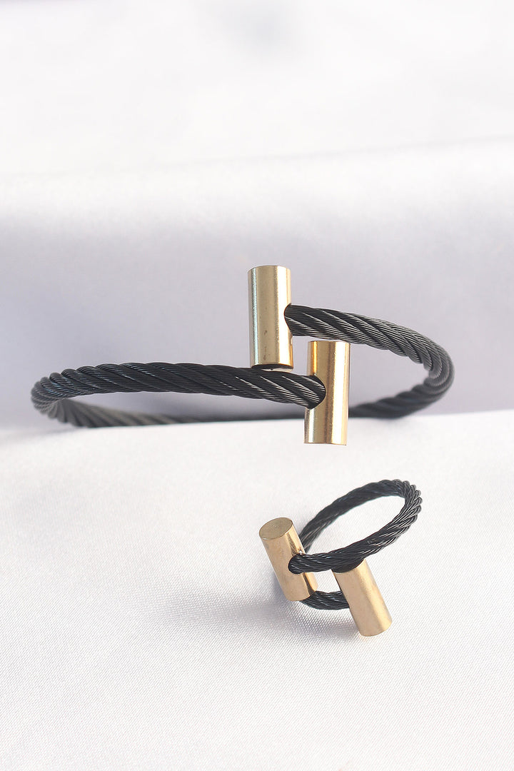 EBJ 316L Stainless Steel Gold Color Accented Black Spiral Design Bracelet and Ring Set - Altrincham