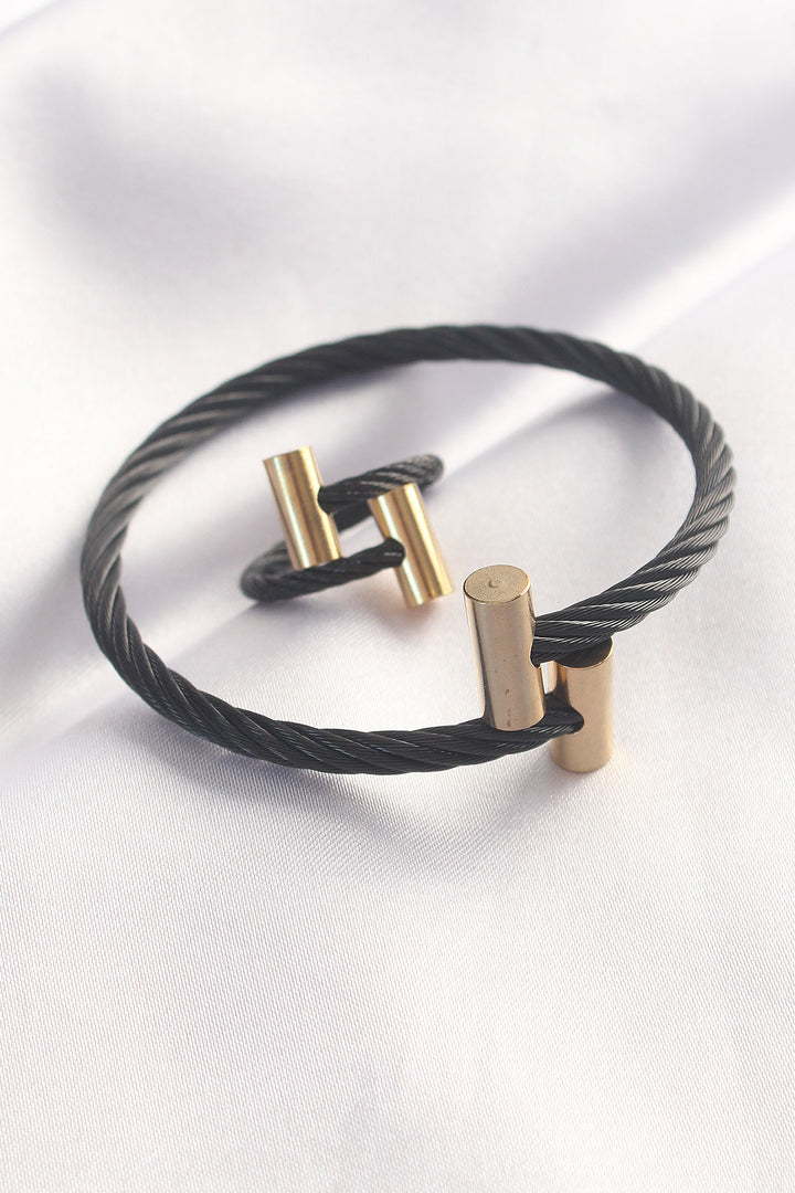 EBJ 316L Stainless Steel Gold Color Accented Black Spiral Design Bracelet and Ring Set - Altrincham