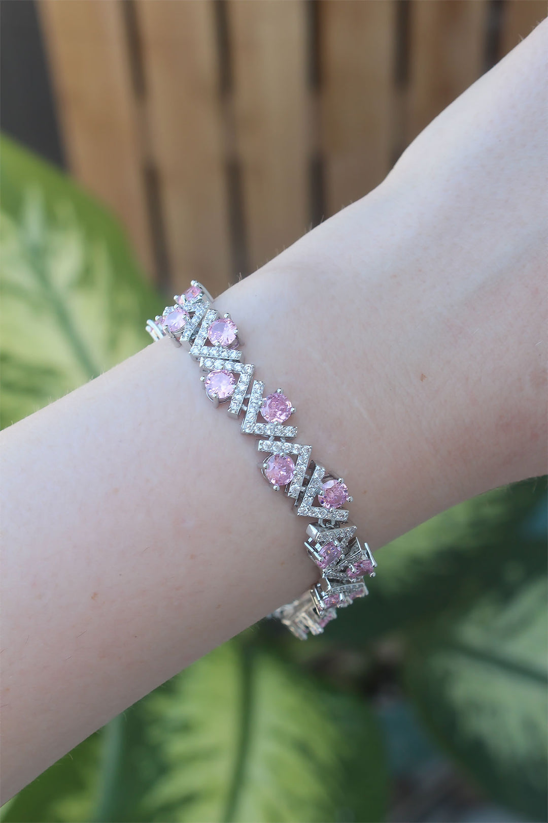 EBJ Vip Series Silver Color V Model Bracelet with Pink Zircon Stone - Derby