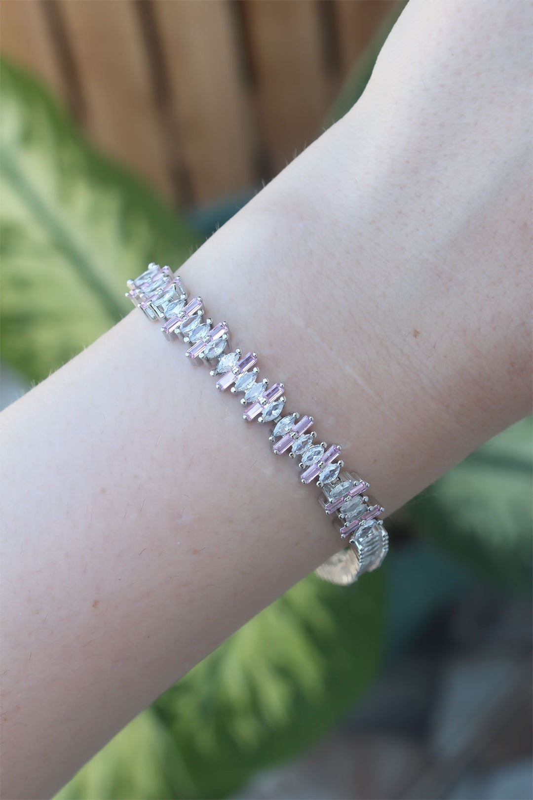 EBJ Vip Series Silver Color Baguette Model Bracelet with Rice Pink Zircon Stone - Missouri City