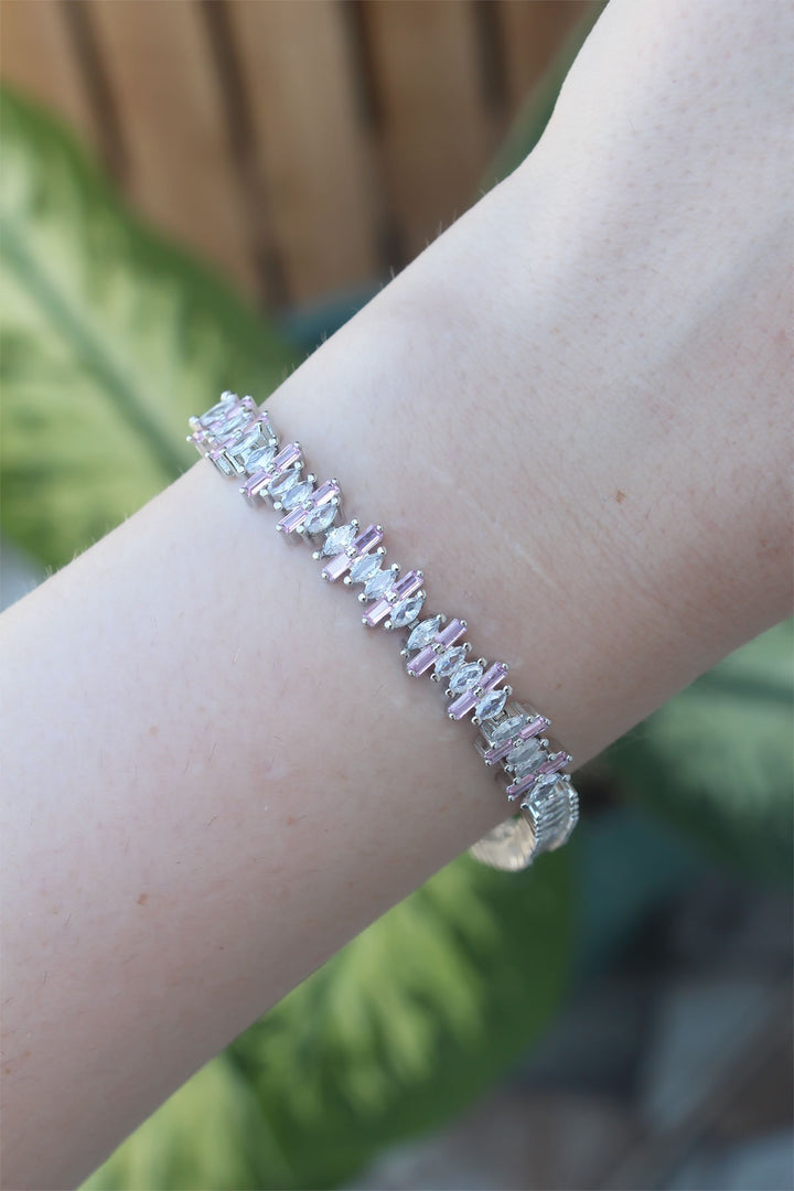 EBJ Vip Series Silver Color Baguette Model Bracelet with Rice Pink Zircon Stone - Missouri City
