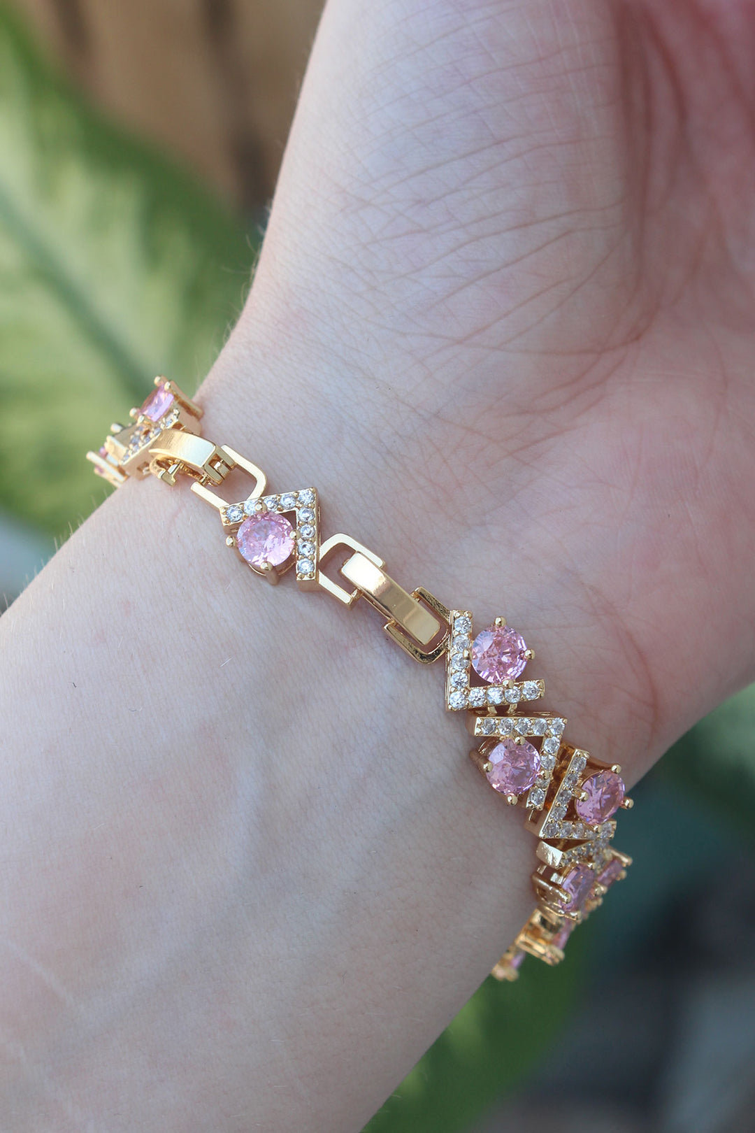 EBJ Vip Series Gold Color V Model Bracelet with Pink Zircon Stone - Santa Clarita