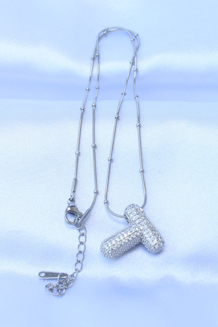EBJ 316L Stainless Steel Chain with Zircon Stone T Initial Silver Color Bubble Necklace - Apeldoorn