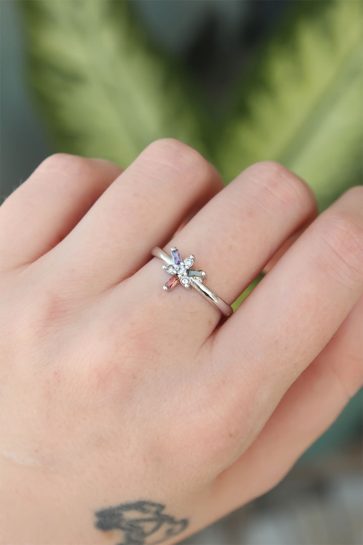 EBJ Adjustable Colorful Dragonfly Ring with Rice Silver Color Zircon Stone - Aurora