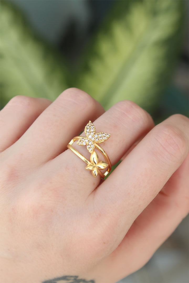 EBJ Adjustable Butterfly Ring with Gold Color Rice and Zircon Stone - Brisbane