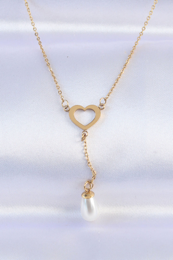 EBJ 316L Steel Chain Gold Color Pearl Stone Detail Heart Necklace - La Seyne-sur-Mer
