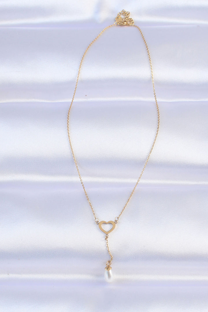 EBJ 316L Steel Chain Gold Color Pearl Stone Detail Heart Necklace - La Seyne-sur-Mer