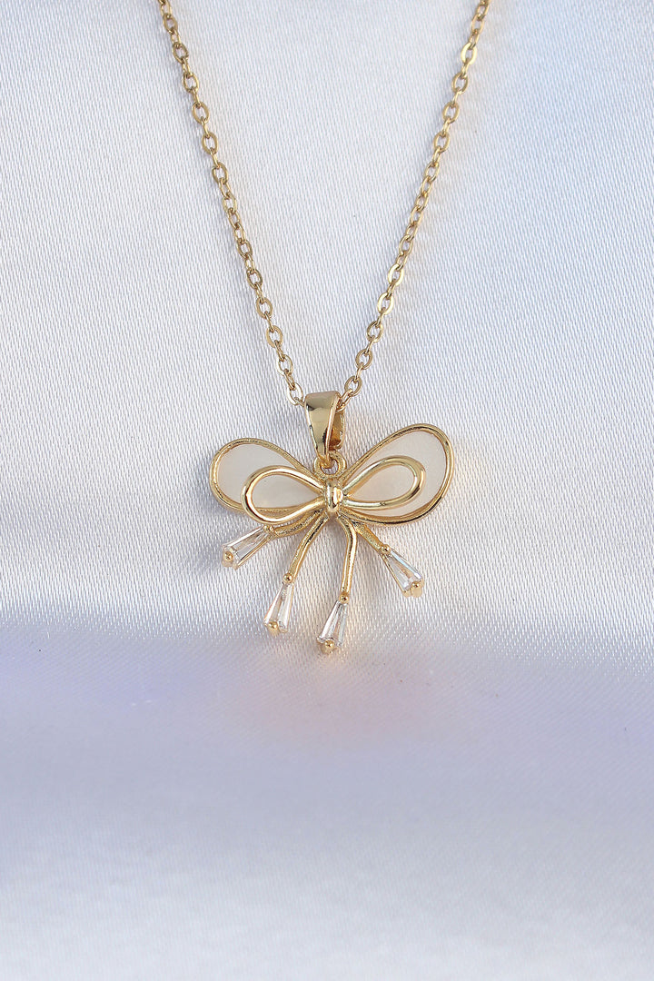 EBJ 316L Steel Chain Gold Color White Enamel 2-Piece Look Bow Necklace - Jalacingo