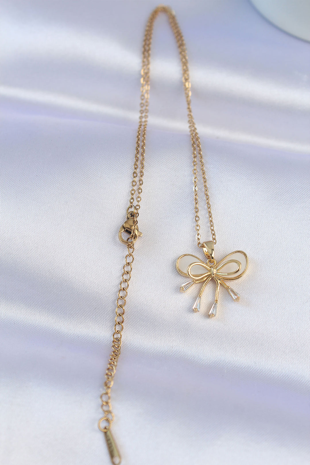 EBJ 316L Steel Chain Gold Color White Enamel 2-Piece Look Bow Necklace - Jalacingo