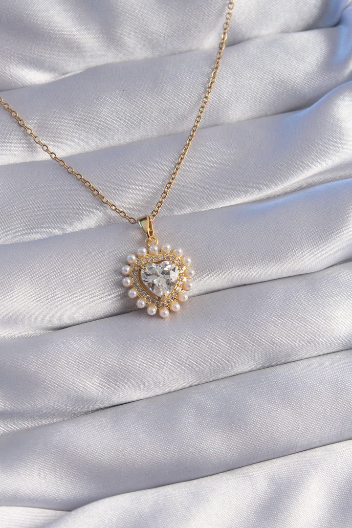 EBJ 316L Stainless Steel Chain Gold Color Pearl Zircon Stone Heart Designed Necklace - Revere