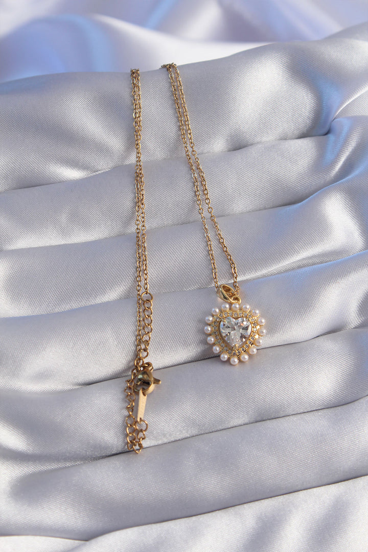 EBJ 316L Stainless Steel Chain Gold Color Pearl Zircon Stone Heart Designed Necklace - Revere