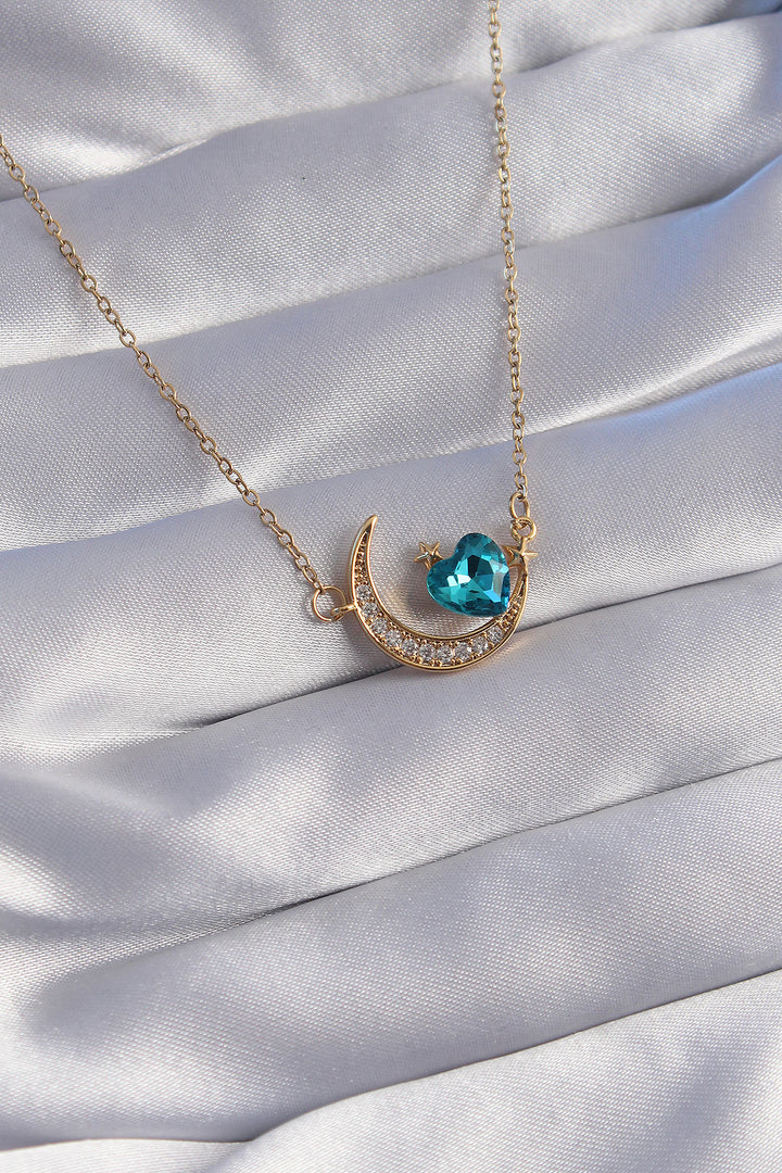 EBJ 316L Stainless Steel Chain Gold Color Blue Zircon Stone Crescent Moon Design Necklace - Deerfield Beach