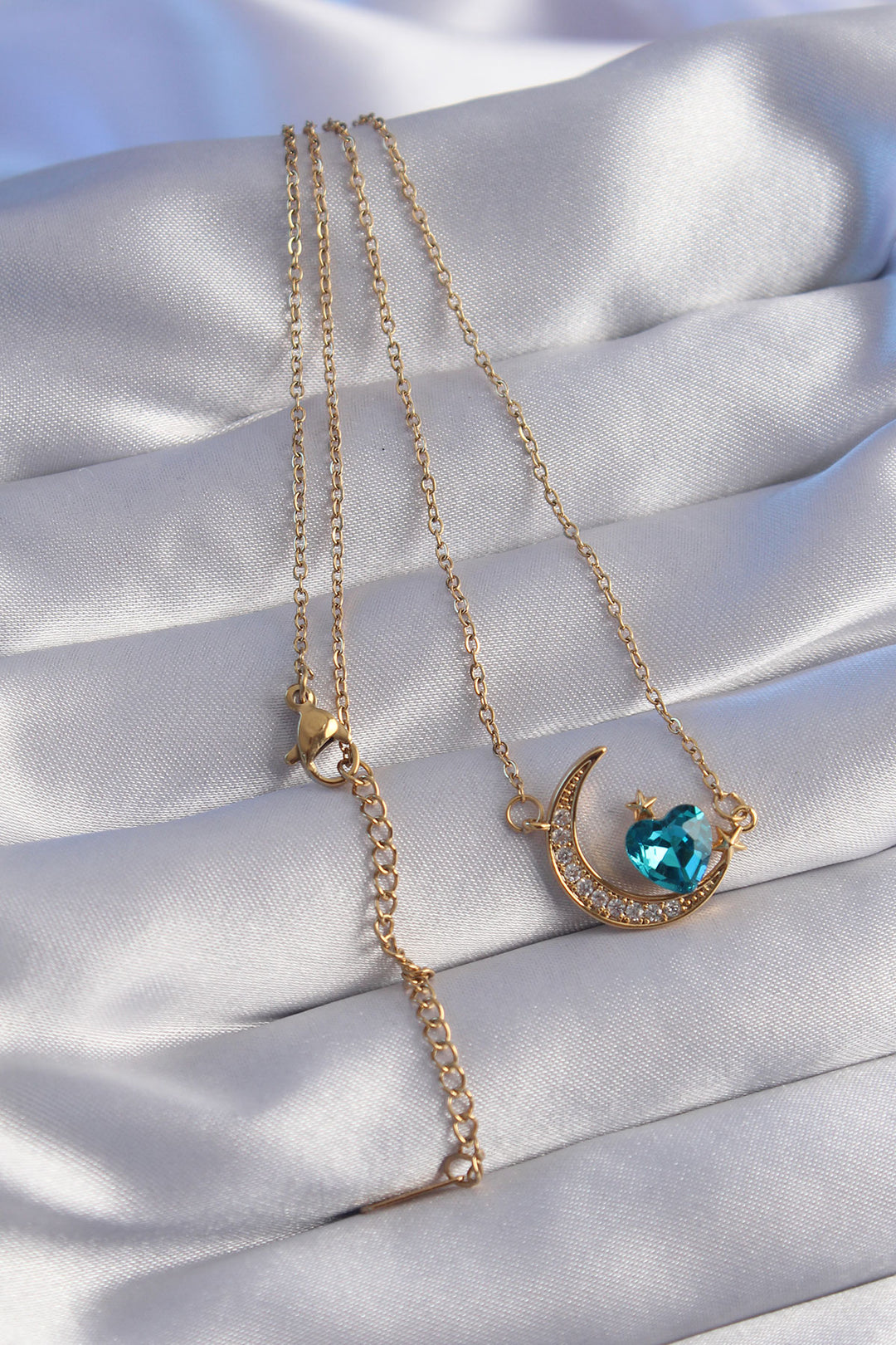 EBJ 316L Stainless Steel Chain Gold Color Blue Zircon Stone Crescent Moon Design Necklace - Deerfield Beach