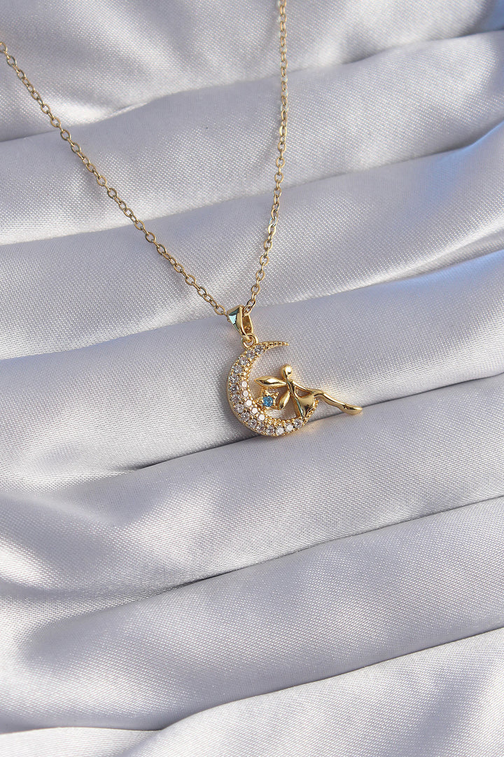 EBJ 316L Stainless Steel Chain Gold Color Fairy Figure Zircon Stone Moon Design Necklace - Maidstone