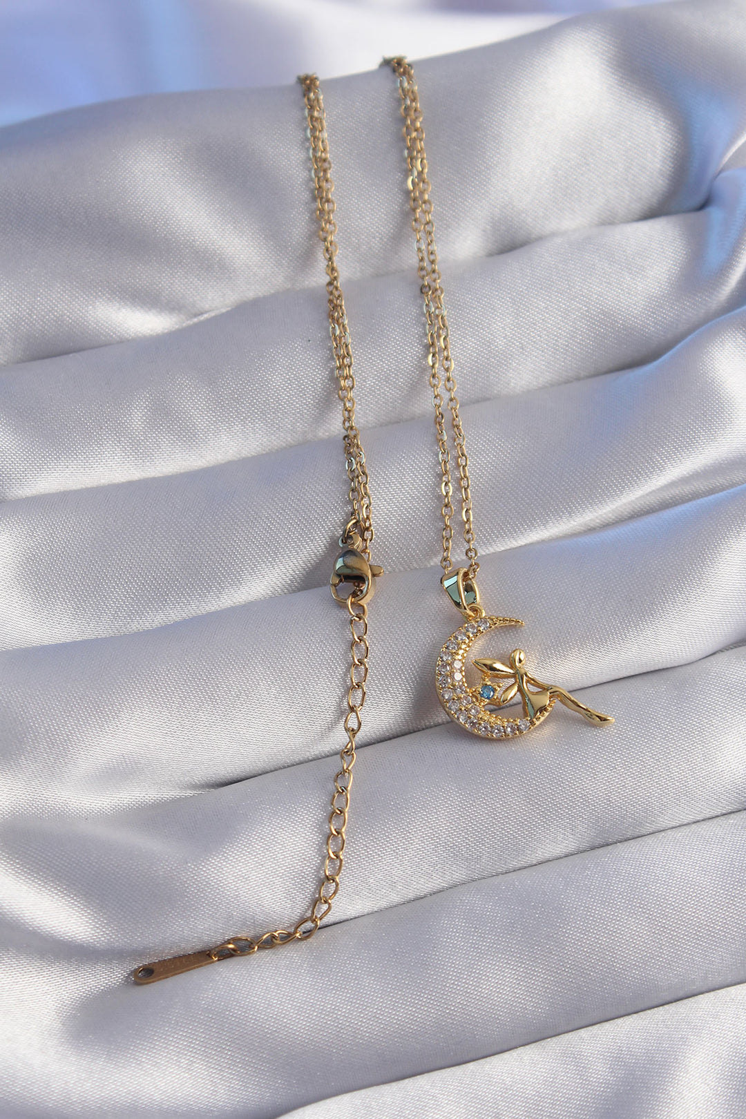 EBJ 316L Stainless Steel Chain Gold Color Fairy Figure Zircon Stone Moon Design Necklace - Maidstone