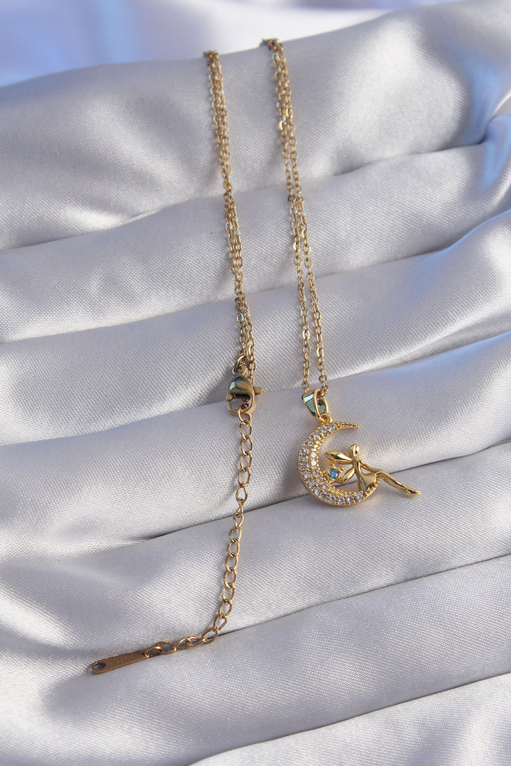 EBJ 316L Stainless Steel Chain Gold Color Fairy Figure Zircon Stone Moon Design Necklace - Maidstone