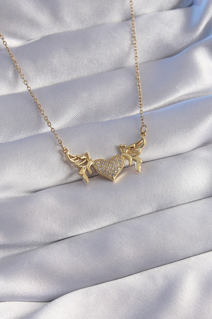 EBJ 316L Stainless Steel Chain Gold Color Zircon Stone Heart Model Butterfly Detail Necklace - Paisley