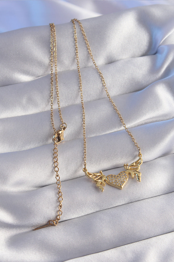 EBJ 316L Stainless Steel Chain Gold Color Zircon Stone Heart Model Butterfly Detail Necklace - Paisley