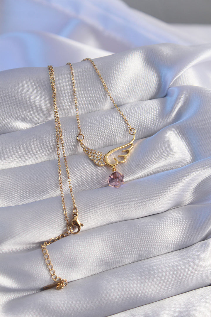 EBJ 316L Steel Chain Gold Color Pink Zircon Stone Angel Wing Necklace - Eastbourne